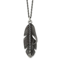 Chisel Stainless Steel Antiqued and Polished with Black CZ Feather Pendant on a 20 inch Singapore Chain Necklace