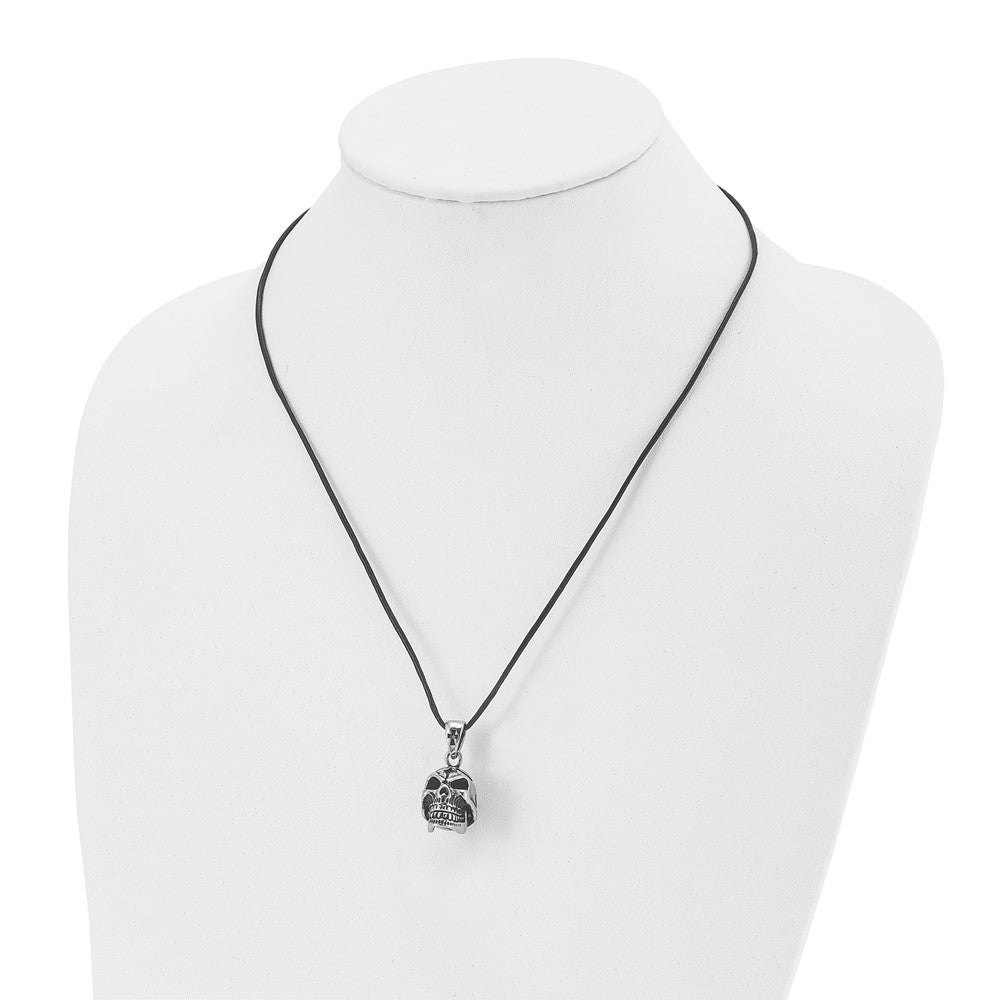 Chisel Stainless Steel Antiqued and Polished Moveable Skull Pendant on a 20 inch Leather Cord Necklace