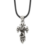 Chisel Stainless Steel Antiqued and Polished Snake on Cross Pendant on a 20 inch Leather Cord Necklace