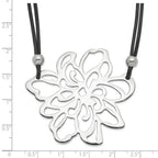 Stainless Steel Polished Flower w/Black Leather Cord Necklace