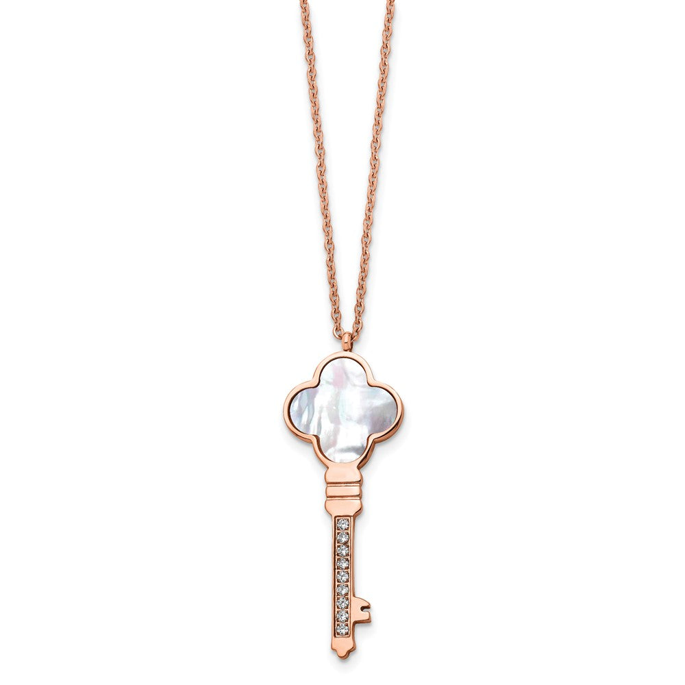 Chisel Stainless Steel Polished Rose IP-plated CZ and Mother of Pearl Key Pendant on a 16 inch Cable Chain with a 2 inch Extension Necklace