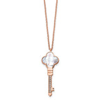 Chisel Stainless Steel Polished Rose IP-plated CZ and Mother of Pearl Key Pendant on a 16 inch Cable Chain with a 2 inch Extension Necklace
