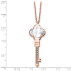 Chisel Stainless Steel Polished Rose IP-plated CZ and Mother of Pearl Key Pendant on a 16 inch Cable Chain with a 2 inch Extension Necklace