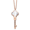Chisel Stainless Steel Polished Rose IP-plated CZ and Mother of Pearl Key Pendant on a 16 inch Cable Chain with a 2 inch Extension Necklace