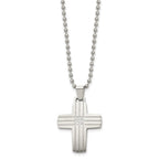 Chisel Stainless Steel Brushed and Polished with CZ Grooved Cross Pendant on a 22 inch Ball Chain Necklace