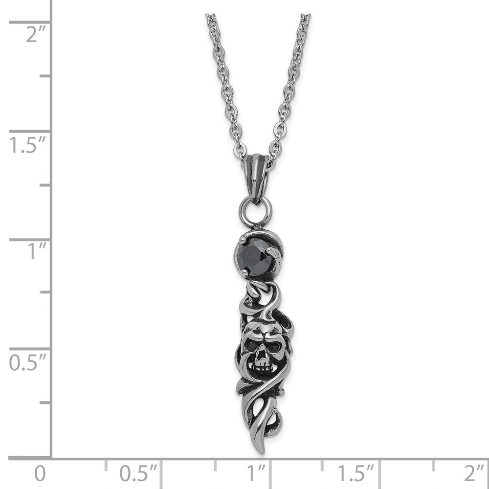 Stainless Steel Antiqued and Polished Black CZ Skull Necklace