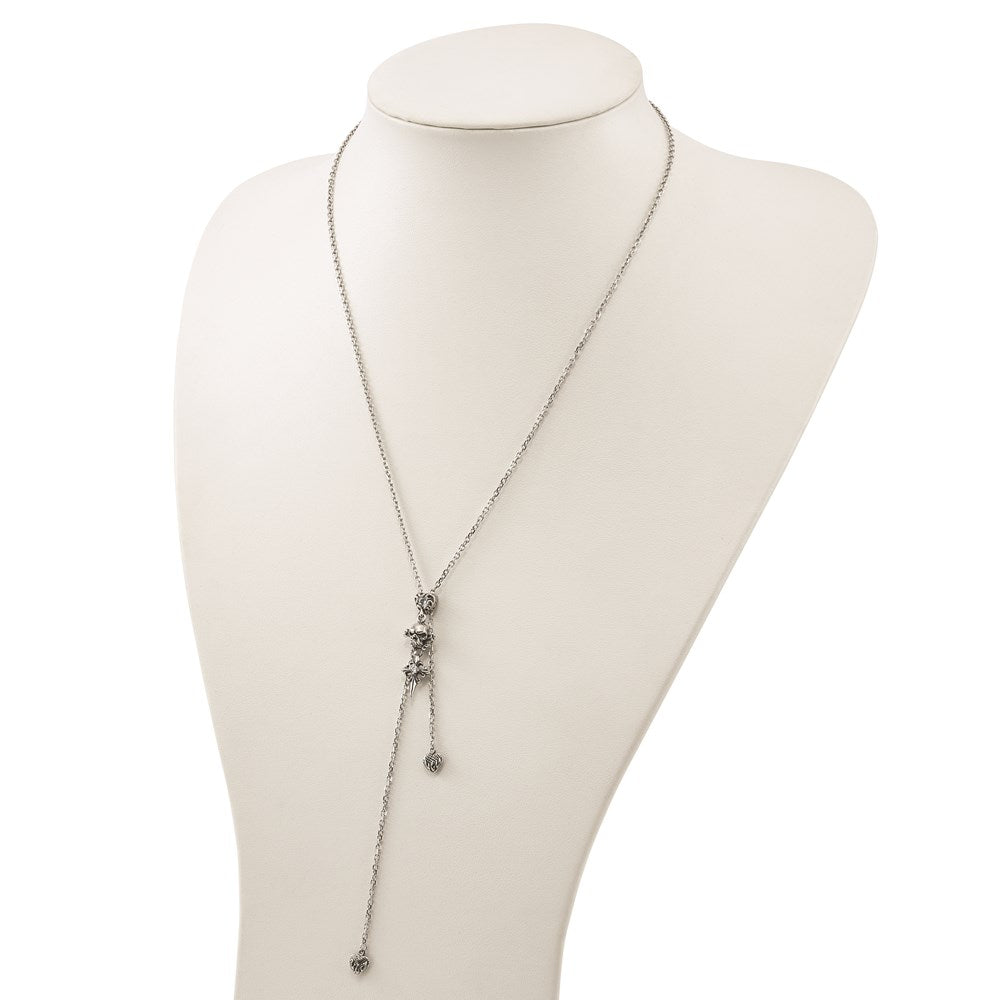Stainless Steel Antiqued & Polished CZ Heart Skull & Cross Adjustable Necklace