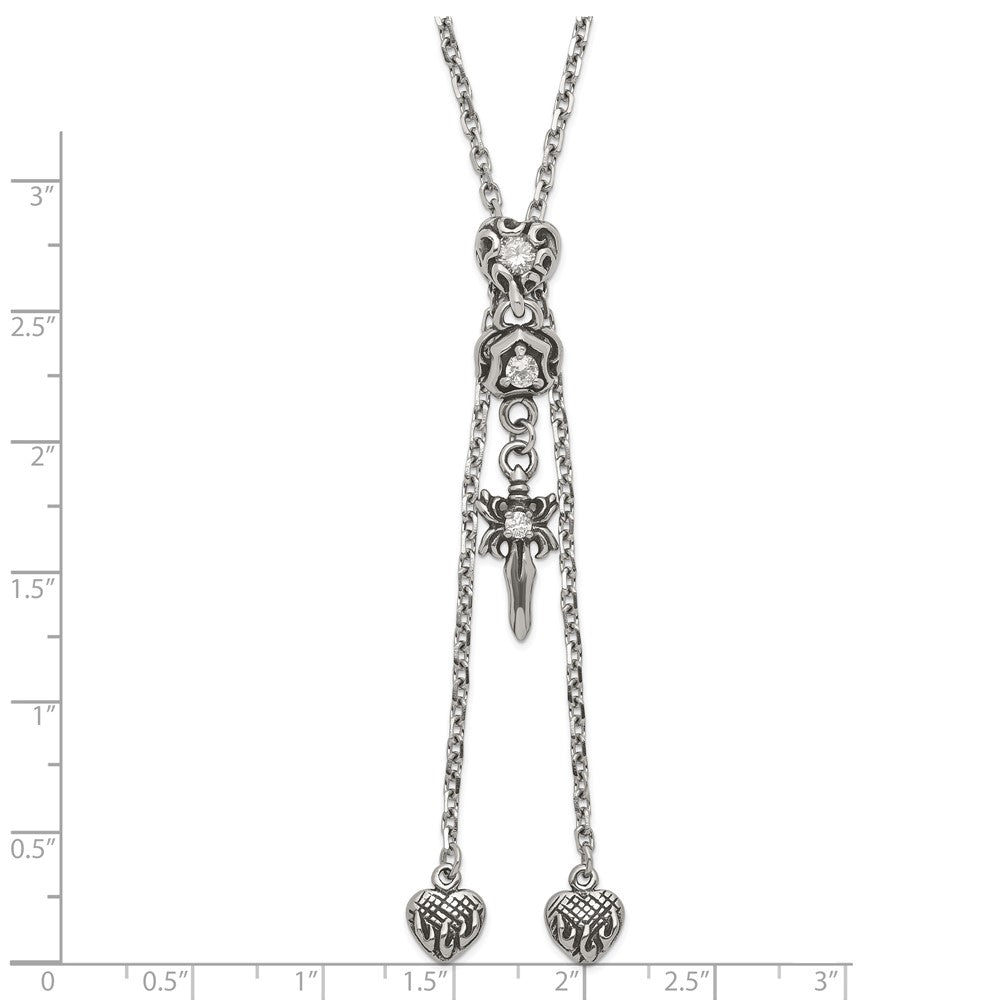 Stainless Steel Polished & Antiqued CZ Gothic Hearts & Sword Adjustable Necklace