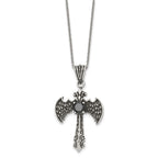 Stainless Steel Antiqued and Polished Black CZ Cross w/Wings Necklace