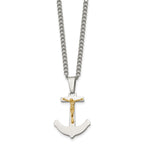 Chisel Stainless Steel Polished with 14k Gold Crucifix Anchor Pendant on a 24 inch Curb Chain Necklace