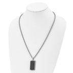 Stainless Steel Polished & Textured Leather Inlay Dog Tag 24in Necklace