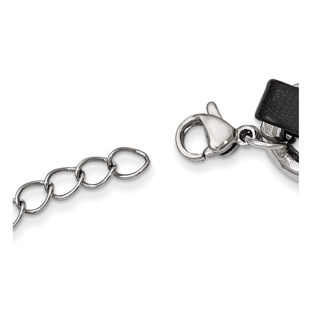 Stainless Steel Polished Black Leather Curb w/2in ext Choker Necklace