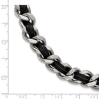 Stainless Steel Polished Black Leather Curb w/2in ext Choker Necklace