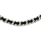Stainless Steel Polished Black Leather Curb w/2in ext Choker Necklace