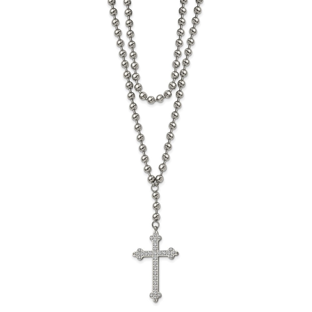 Stainless Steel Polished Cross w/Crystal Two Strand Beaded 16in Necklace