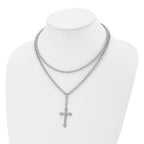 Stainless Steel Polished Cross w/Crystal Two Strand Beaded 16in Necklace