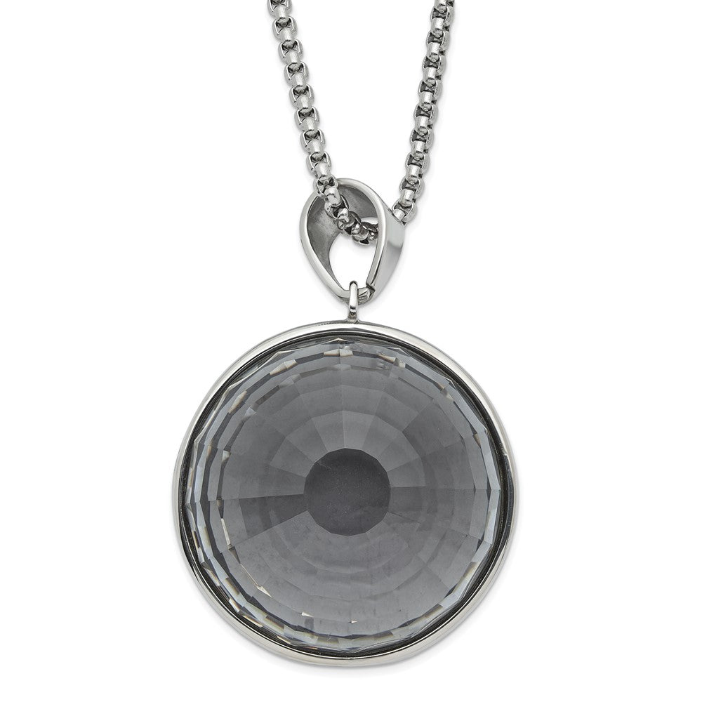Stainless Steel Polished Grey & Clear Glass Round Pendant Necklace