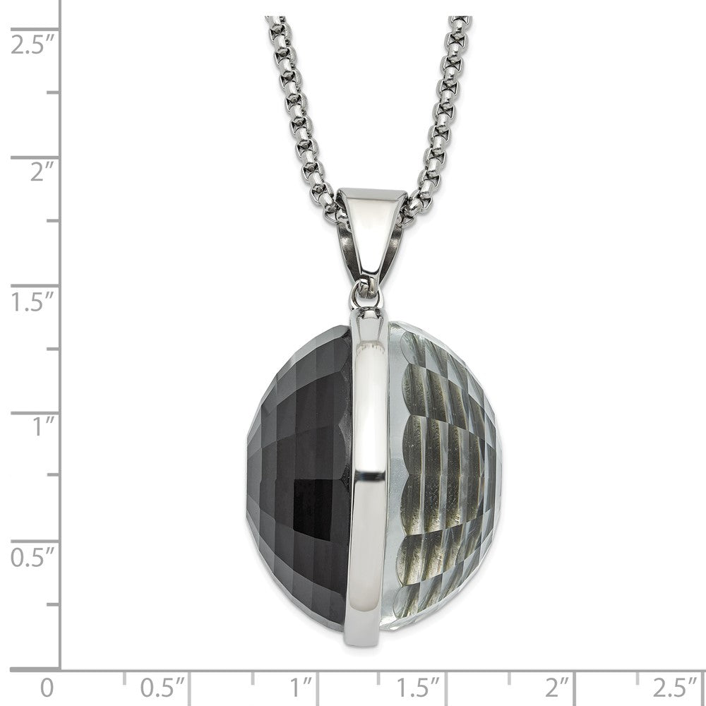 Stainless Steel Polished Grey & Clear Glass Round Pendant Necklace