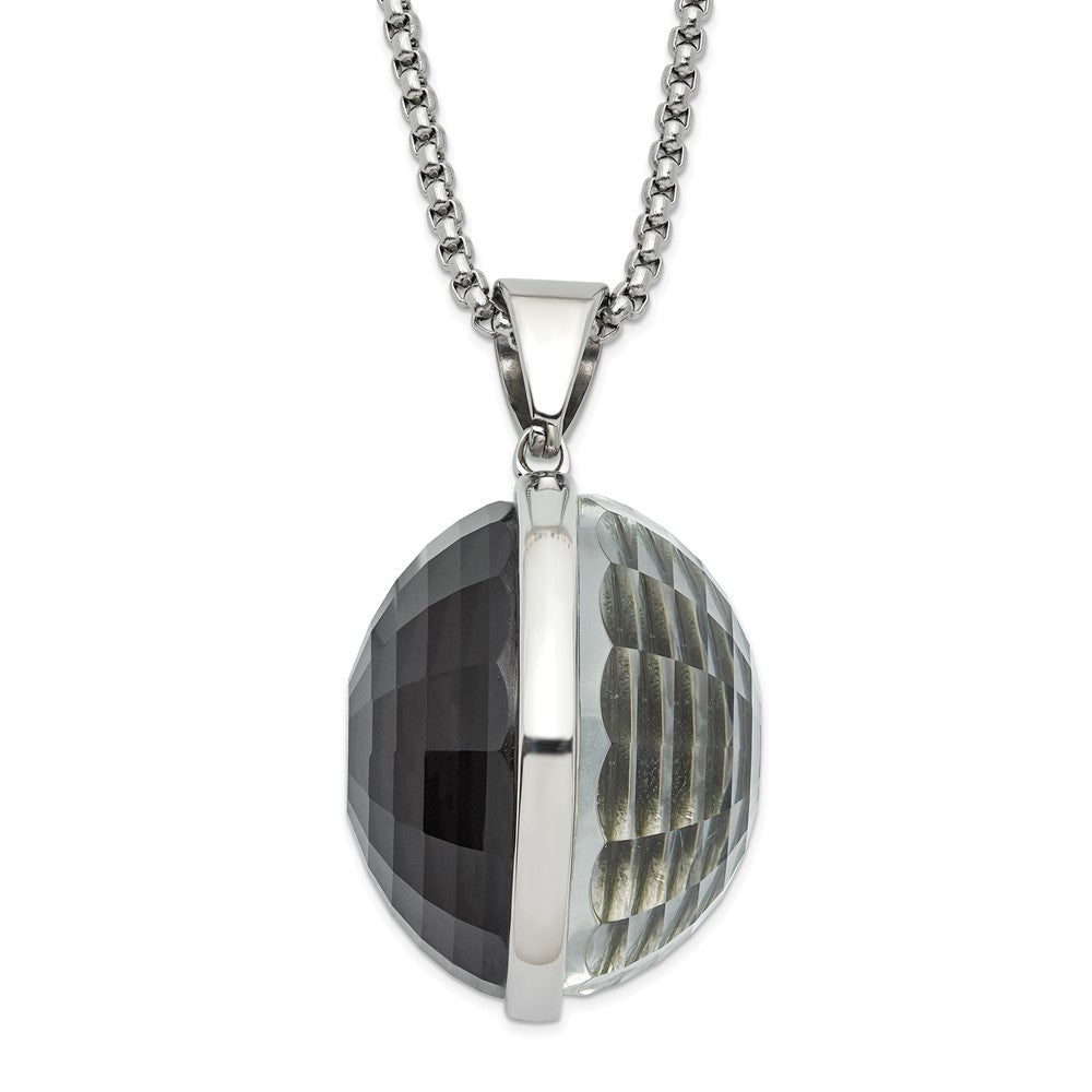 Stainless Steel Polished Grey & Clear Glass Round Pendant Necklace