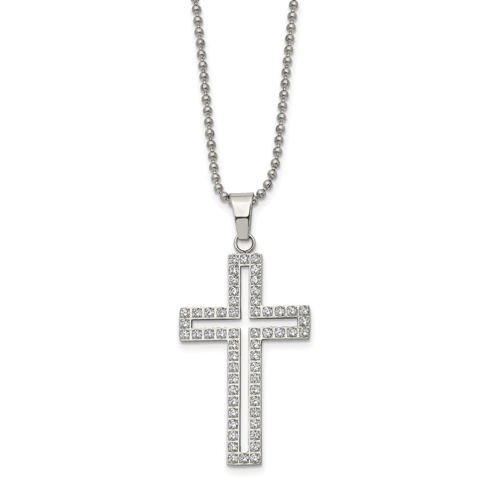 Chisel Stainless Steel Polished with CZ CutoutCross Pendant on a 22 inch Ball Chain Necklace