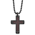 Chisel Stainless Steel Polished Black IP-plated with  Black and Red Carbon Fiber Inlay Cross Pendant on a 22 inch Ball Chain Necklace