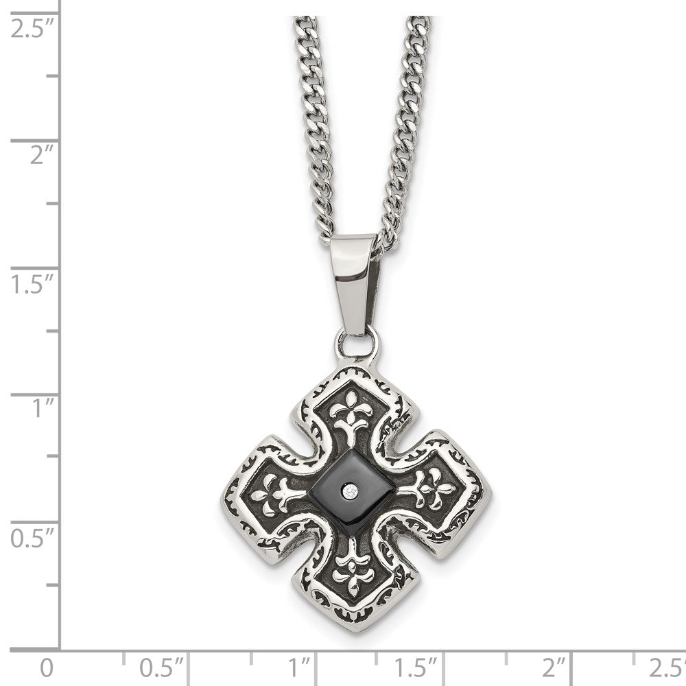 Chisel Stainless Steel Polished Black IP-plated with CZ Celtic Cross Pendant on a 20 inch Curb Chain Necklace