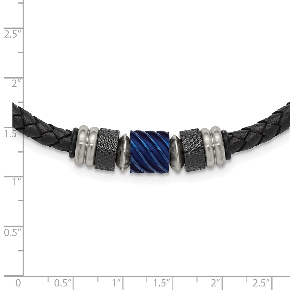Chisel Stainless Steel Brushed and Polished Black and Blue IP-plated Black Rubber 20 inch Leather Necklace