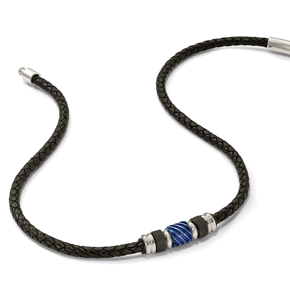 Chisel Stainless Steel Brushed and Polished Black and Blue IP-plated Black Rubber 20 inch Leather Necklace
