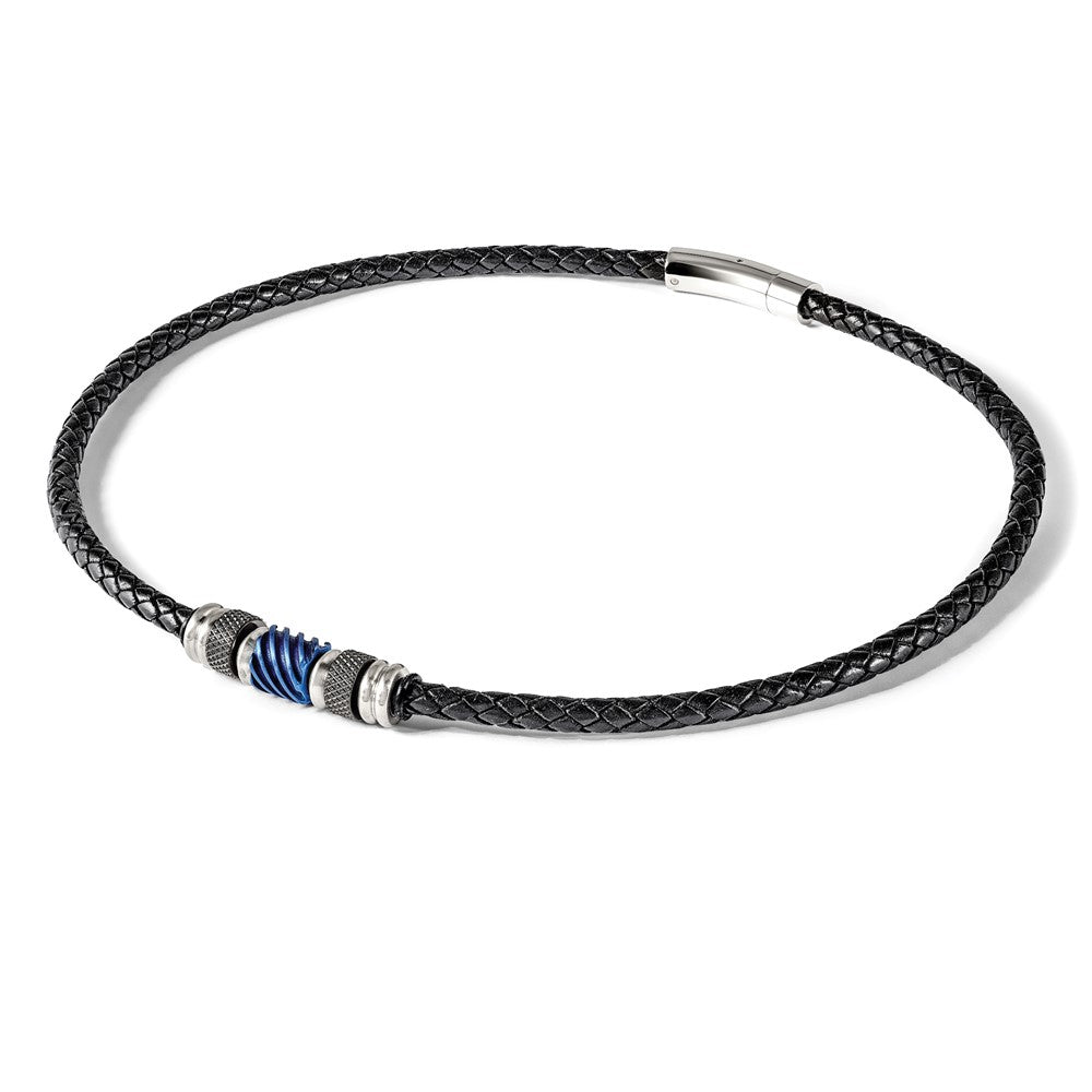 Chisel Stainless Steel Brushed and Polished Black and Blue IP-plated Black Rubber 20 inch Leather Necklace