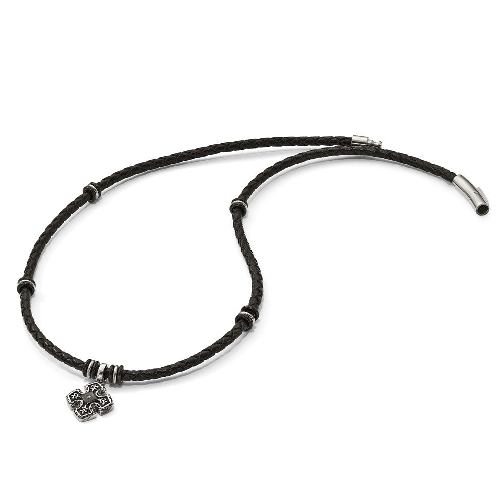 Chisel Stainless Steel Polished Black IP-plated with CZ Black Leather 21 inch Necklace