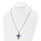 Chisel Stainless Steel Polished with Blue Carbon Fiber Inlay Cross Pendant on a 22 inch Cable Chain Necklace