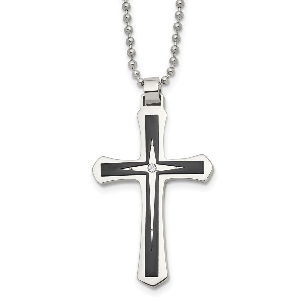 Chisel Stainless Steel Brushed and Polished Black IP-plated with CZ Cross Pendant on a 20 inch Ball Chain Necklace