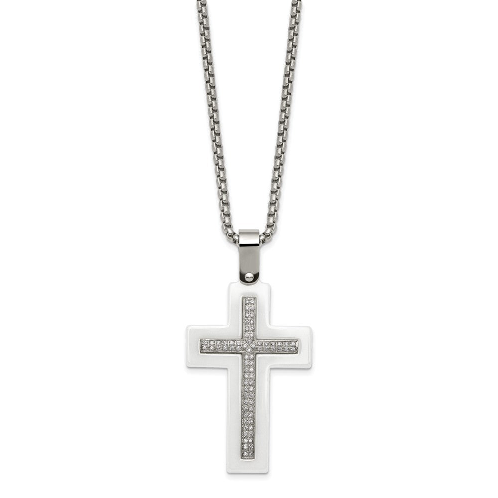 Stainless Steel Polished White Ceramic w/CZ Cross 23.75in Necklace