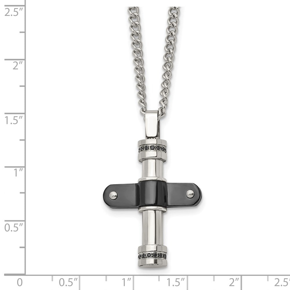 Stainless Steel Polished Black IP-plated w/Black CZ Cross 22in Necklace
