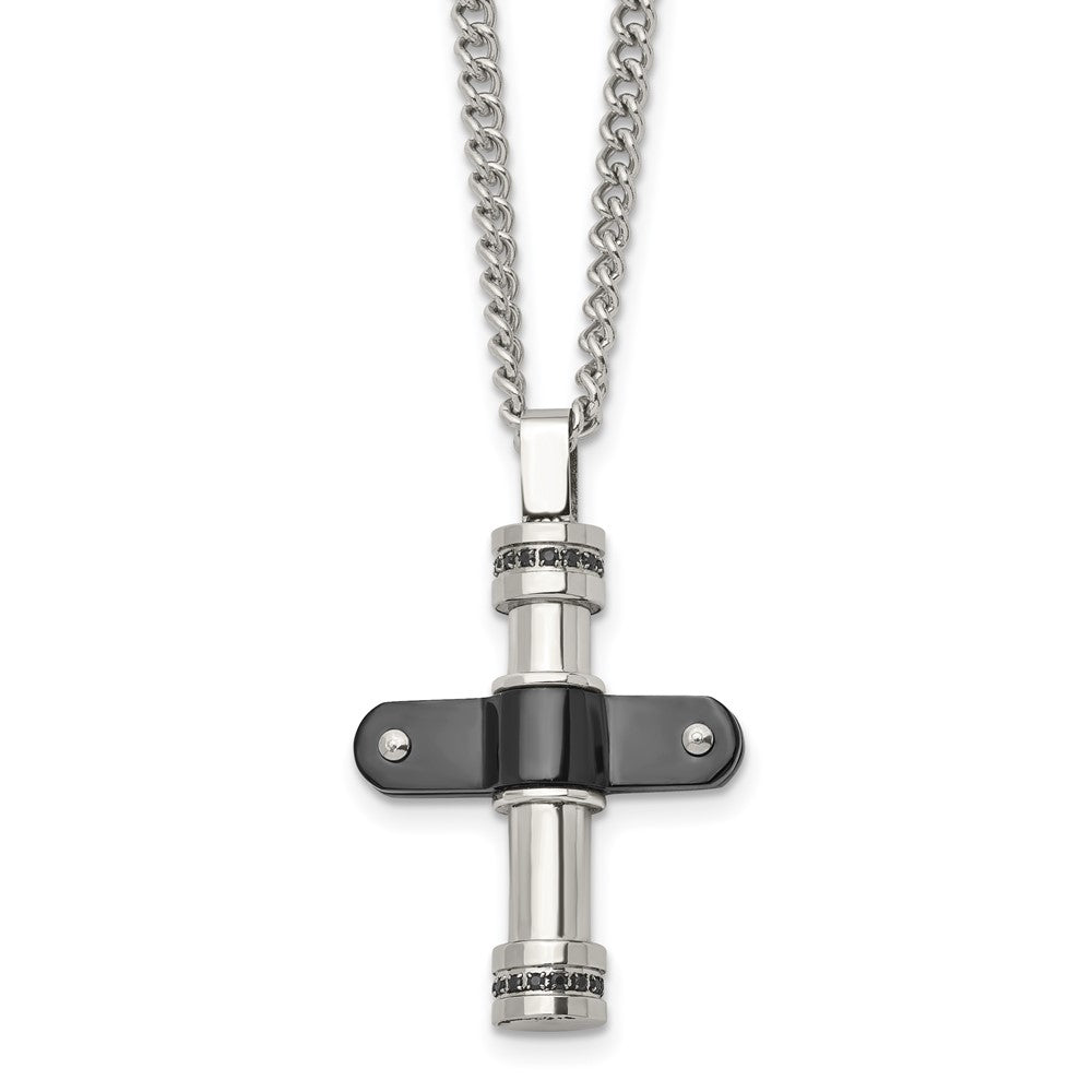 Stainless Steel Polished Black IP-plated w/Black CZ Cross 22in Necklace