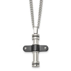 Stainless Steel Polished Black IP-plated w/Black CZ Cross 22in Necklace