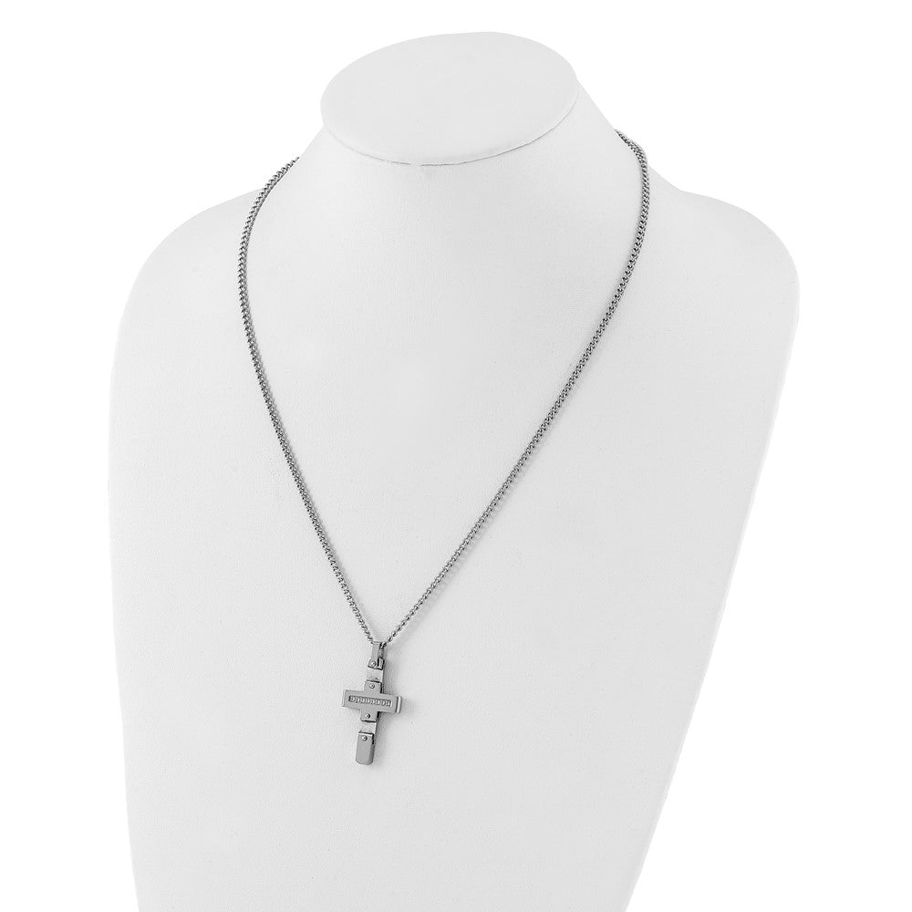 Stainless Steel Polished & Brushed CZ Moveable Cross Necklace