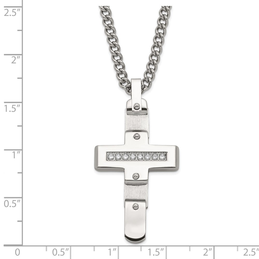 Stainless Steel Polished & Brushed CZ Moveable Cross Necklace