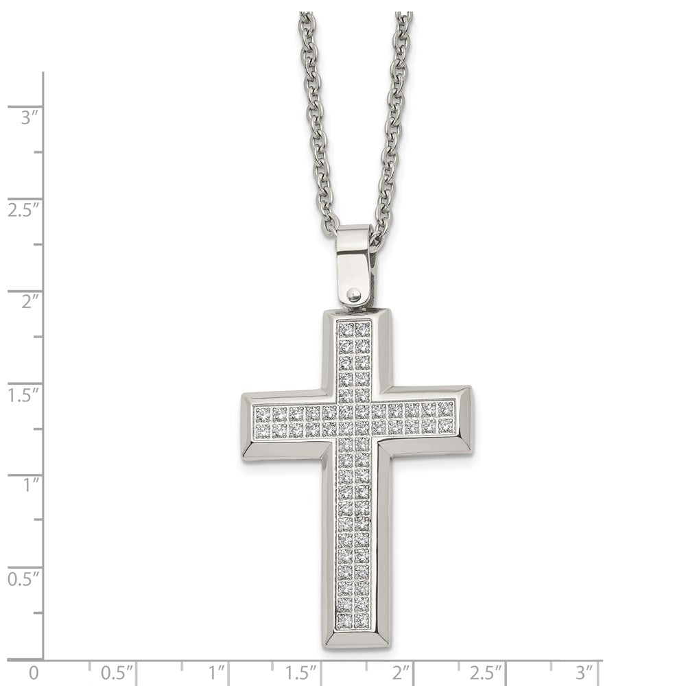Chisel Stainless Steel Polished CZ Cross Pendant on a 24 inch Cable Chain Necklace
