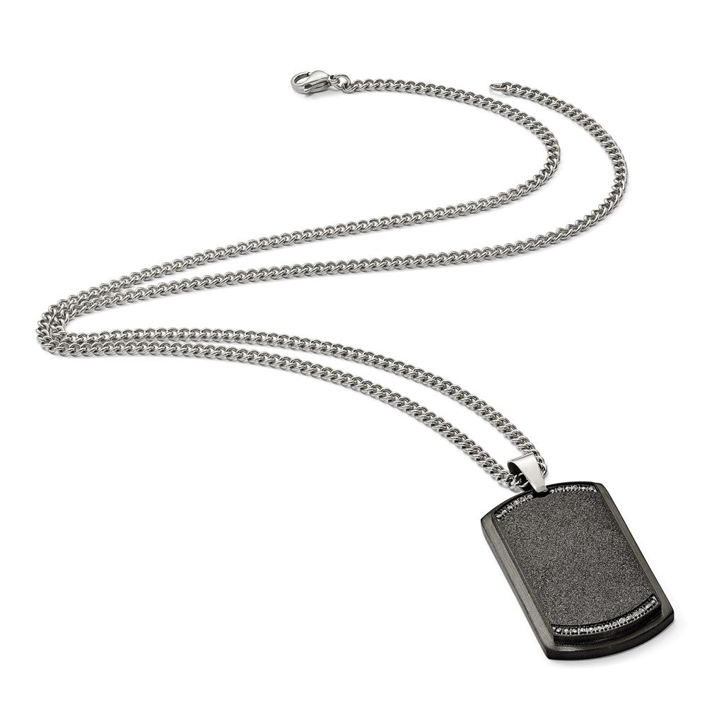 Chisel Stainless Steel Brushed Laser Cut Black IP-plated with CZ Dog Tag on a 24 inch Curb Chain Necklace