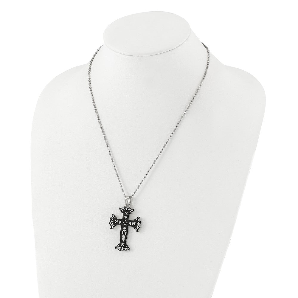 Stainless Steel Polished & Black IP-Plated Cut-out Cross Necklace