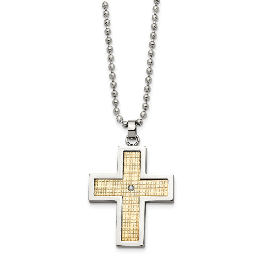 Chisel Stainless Steel Polished with 18k Gold Accent .02 carat Diamond Cross Pendant on a 24 inch Ball Chain Necklace