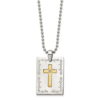 Stainless Steel w/18k Polished Laser Etched w/.01ct Dia Cross Necklace