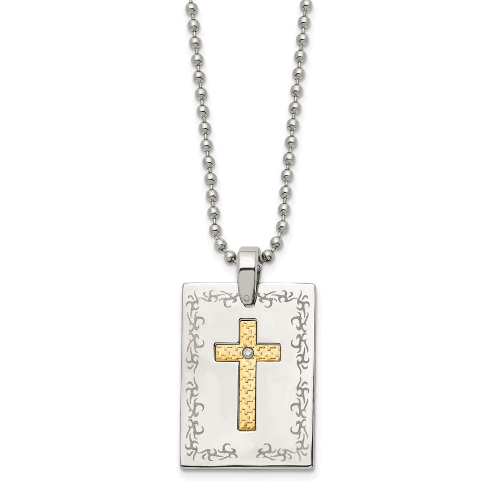 Stainless Steel w/18k Polished Laser Etched w/.01ct Dia Cross Necklace