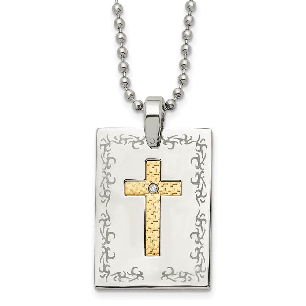 Stainless Steel w/18k Polished Laser Etched w/.01ct Dia Cross Necklace