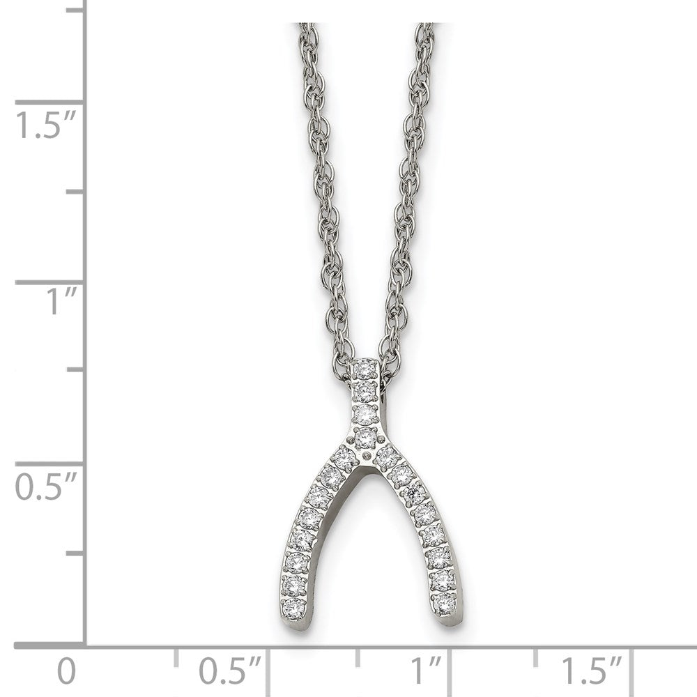 Stainless Steel Polished CZ Wishbone 15.5in Necklace