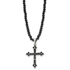 Stainless Steel Polished w/Black CZ & Black Glass Beads Cross Necklace