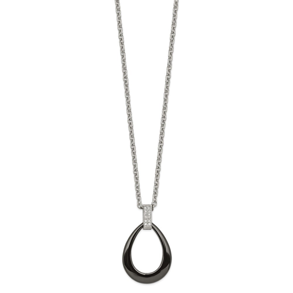 Stainless Steel Polished Black Ceramic Teardrop w/CZ 22in Necklace