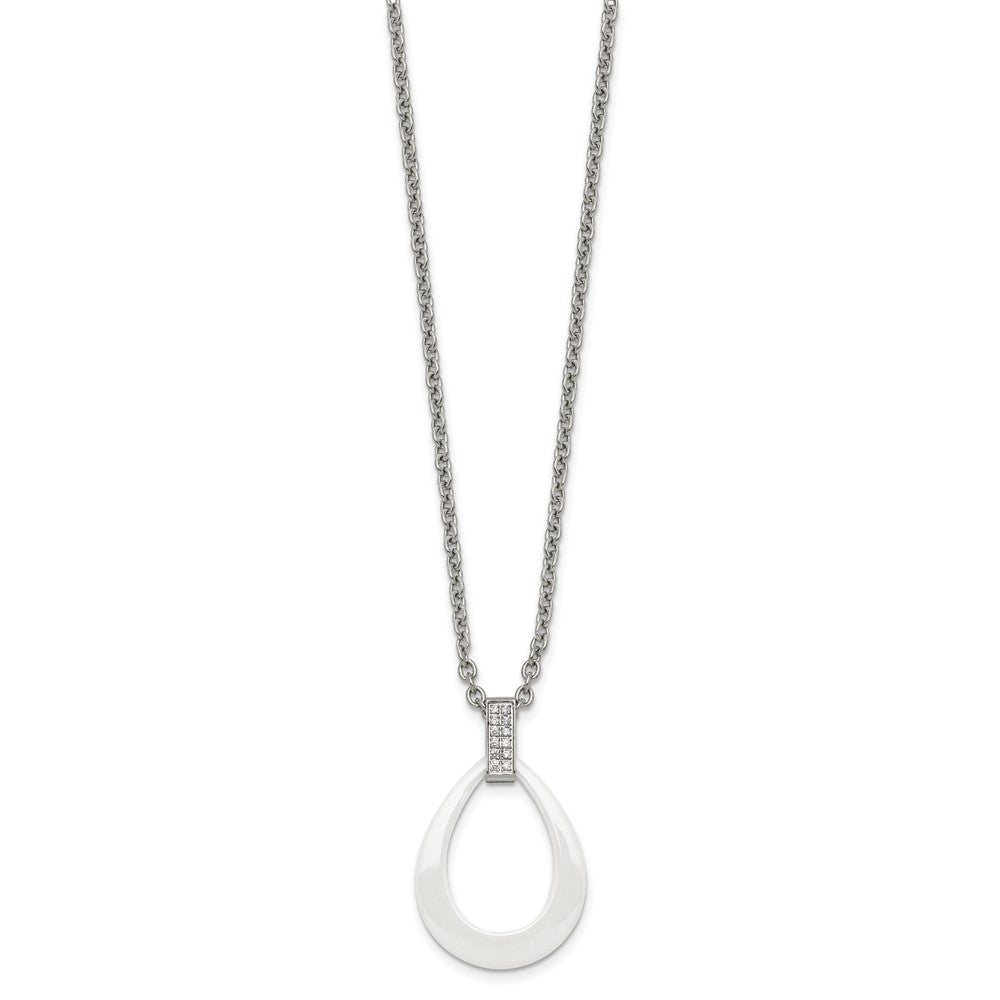 Stainless Steel Polished White Ceramic Teardrop w/CZ 22in Necklace