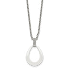 Stainless Steel Polished White Ceramic Teardrop w/CZ 22in Necklace